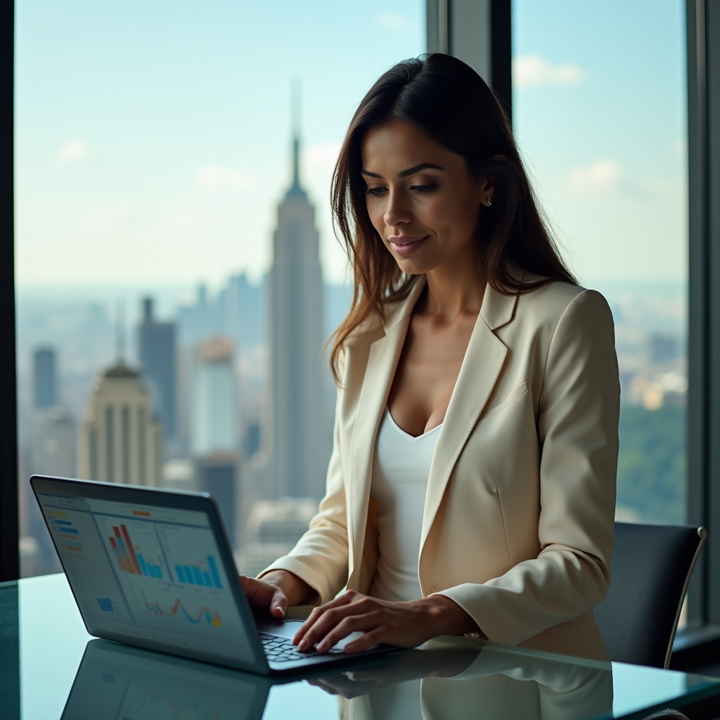 Profesionistă analizează un dashboard de business intelligence pe laptop într-un birou modern