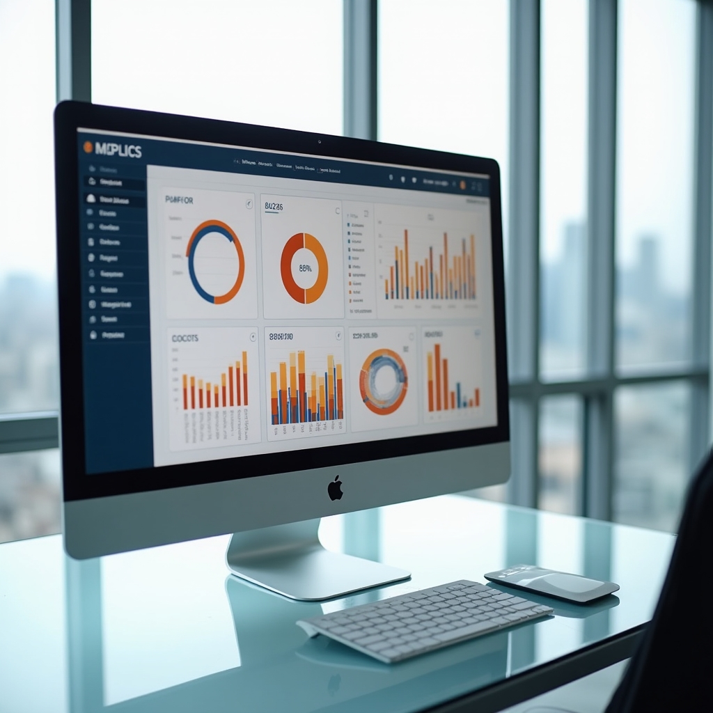 Ecran cu un dashboard de business intelligence afișând grafice și indicatori de performanță