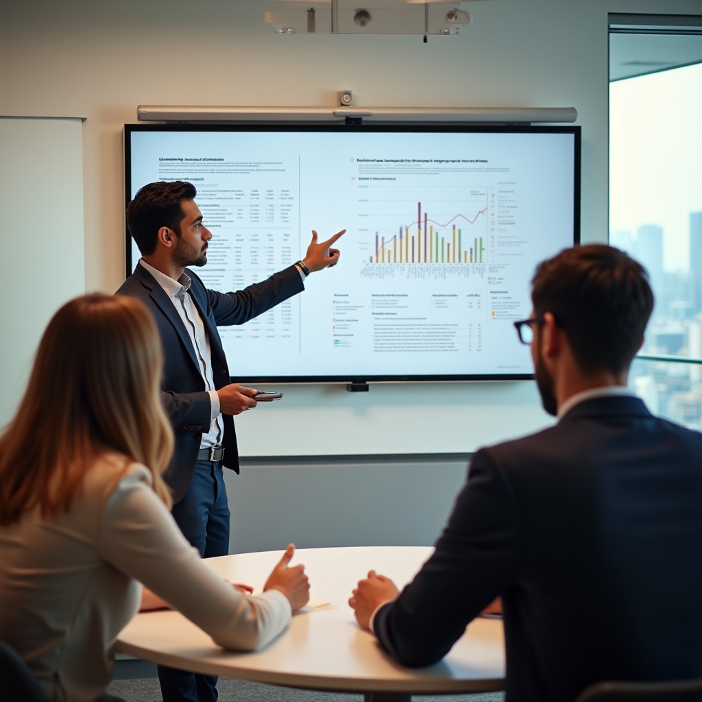 Instructor explică unui grup mic de cursanți un grafic de business intelligence pe un ecran mare